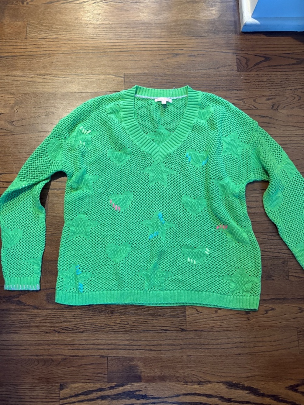 Lisa Todd Neon Green Open-Knit V-Neck Sweater with Star & Heart Motifs